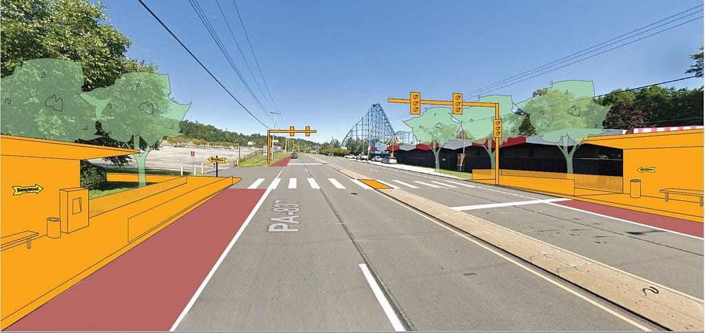 Image description: A view down PA-837 Duquesne Blvd near Kennywood Park of Port Authority’s vision for the Homestead to McKeesport Transportation and Pedestrian project. There are renderings in golden yellow of new street lights, benches, shelters, trash bins, and a ticket vending machine. There are red painted lines for possible bus only lanes, green sketches of trees on the Kennywood side and a pedestrian island in the center.