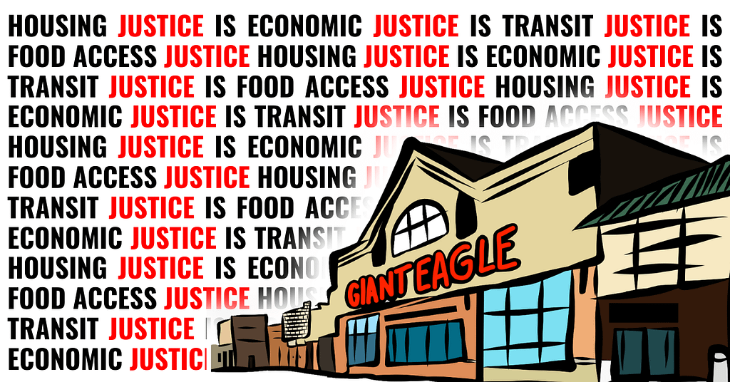 Graphic with a repeating banner reading “Housing Justice is Economic Justice is Transit Justice” with an image of the Giant Eagle. By Christina Acuna Castillo