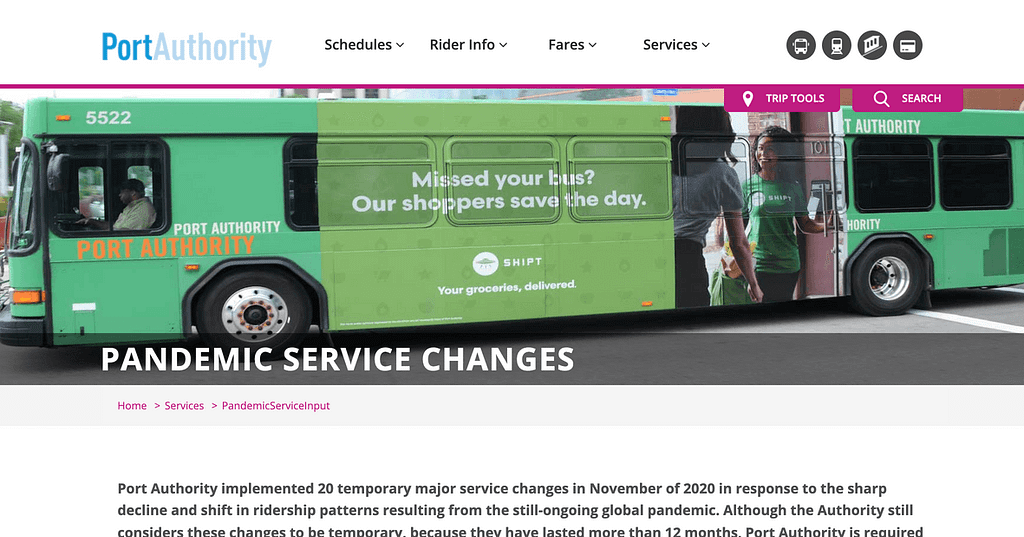 Image Description: A screenshot from Port Authority’s “Pandemic Service Changes” website, contains and photo of a green PAAC bus.