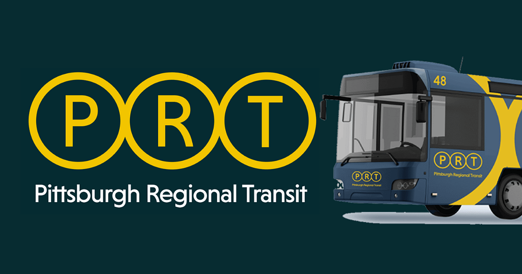 image description: the new logo for Pittsburgh Regional Transit is on the left of the image (three yellow circles in a horizontal line whose edges touch. The letters “P”, “R”, and “T” are inside each one.) On the right side of the image, there is a mock-up of one of the new PRT buses, a grey-blue color with the yellow PRT logo and large yellow circles down the side of the bus.