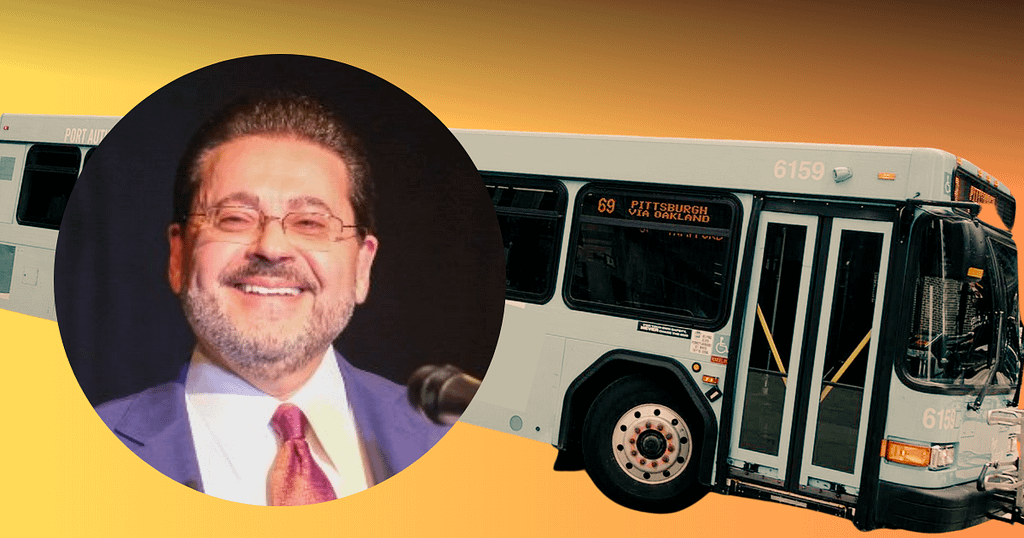 image description: graphic with a photo of John Weinstein superimposed over a PRT bus and a yellow/red background.