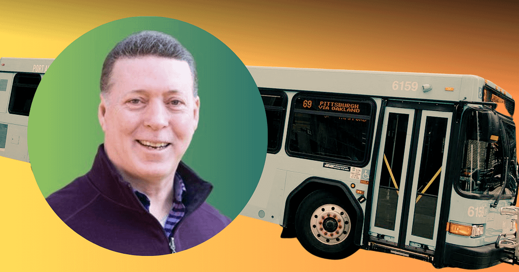 image description: graphic with a photo of Michael Lamb superimposed over a PRT bus and a yellow/red background.