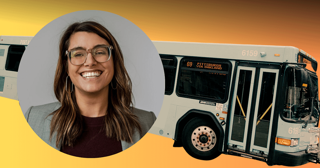 image description: graphic with a photo of Sara Innamorato superimposed over a PRT bus and a yellow/red background.