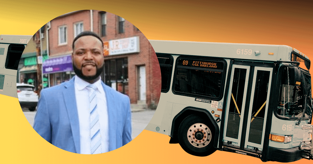 image description: graphic with a photo of William Parker superimposed over a PRT bus and a yellow/red background.