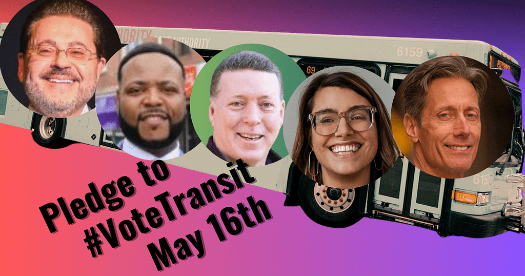 Image Description: Graphic of the County Executive Candidates who all answered PPT’s #VoteTransit Candidate questionnaire overlaid on a PRT bus. Text reads. “Pledge to #VoteTransit May 16th”