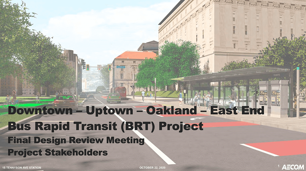 [image with a link to the presentation that Port Authority has been presenting at these meetings] Image description: rendering of a bus rapid transit system on Fifth Ave in Oakland, with clean bus shelters, curb bump-outs, bike lanes and large crosswalks with curb cuts.