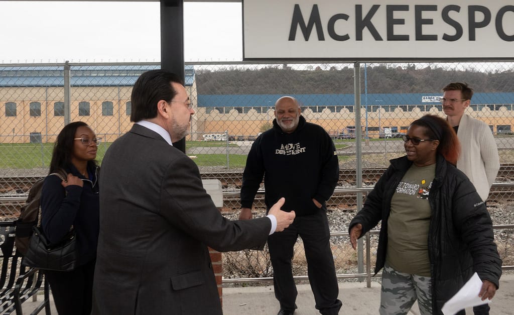 County Executive candidate John Weinstein arrives at McKeesport Transportation Center