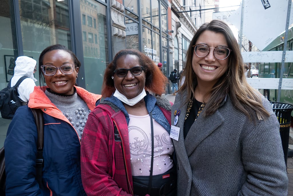 Rep. Sara Innamorato (right), smiling with Ms. Teaira Collins (center), and Community Organizer Cheryl Stephens left) following the PPT ride-along in Downtown, Pittsburgh.