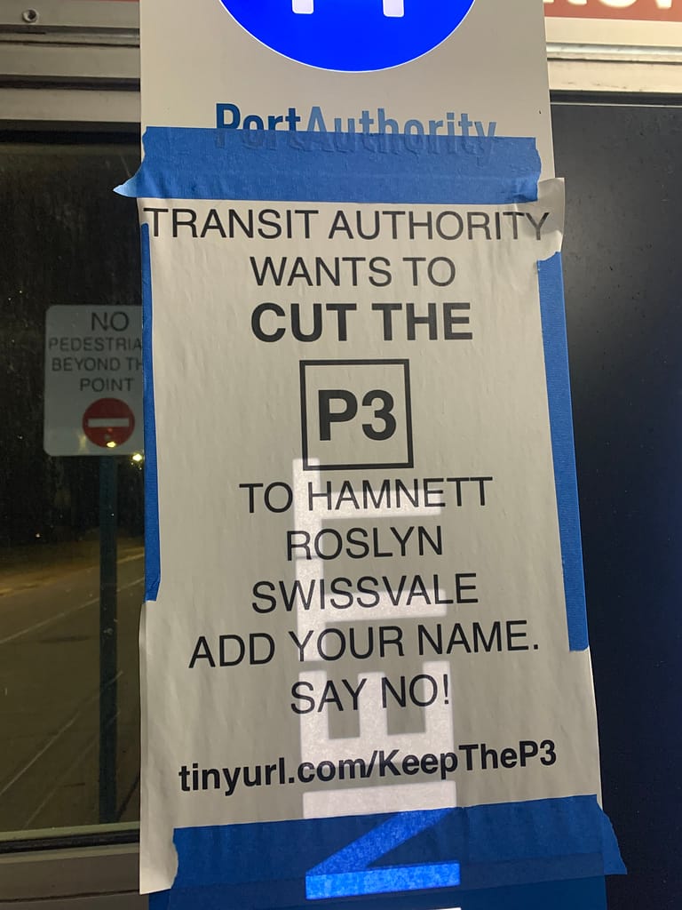 Image Descriptions: photos of the signs that riders had posted at the stations where P3 service was proposed to be cut. They’re various sizes and colors (white, red) and taped to different services at the stations (light posts, signs)