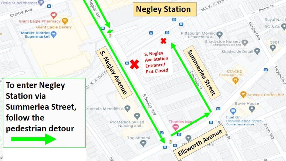 image description: map of temporary pedestrian detour for people to access Negley Station from S Negley Ave. (head from the S. Negley St Station entrance towards Ellsworth, turn left on Ellsworth, walk one block until Summerlea St, turn left and walk to the station.)